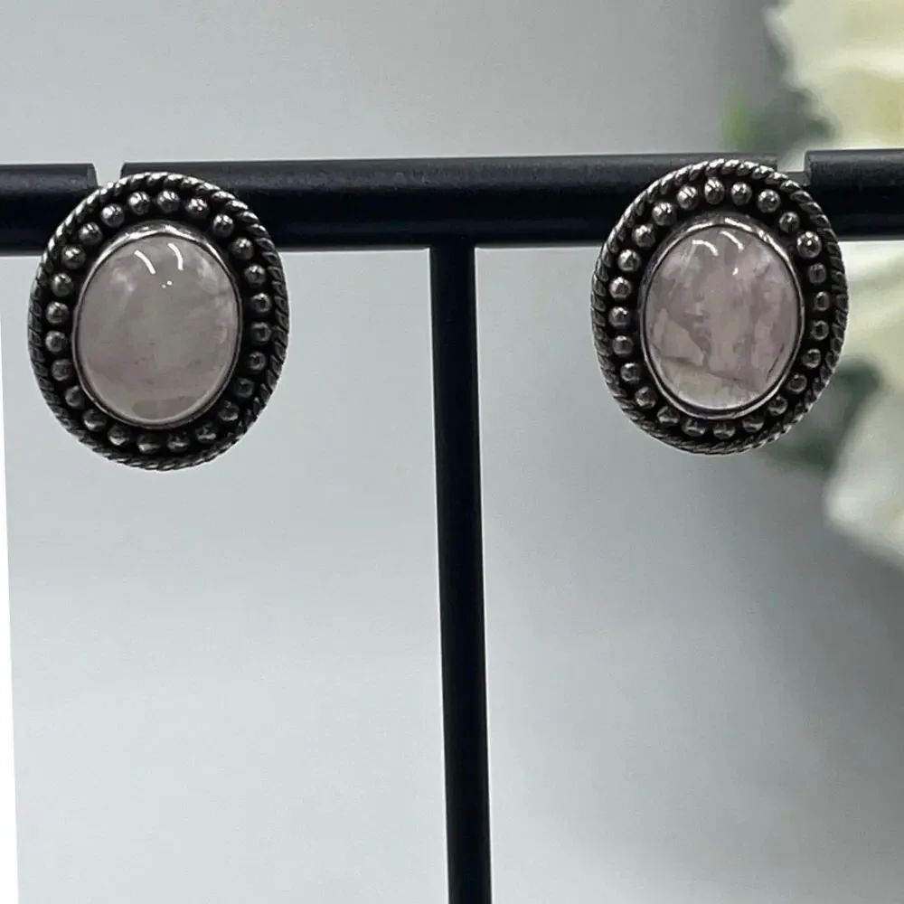 Sterling silver Rose Quartz Oval Bezel Cabochon Beading Dot Accent Stud Earrings